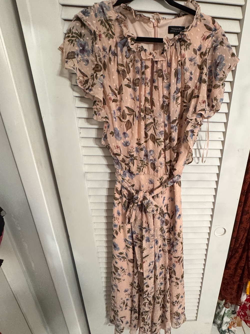 Tahari Pink Floral Midi Dress with Ruffle Sleeves